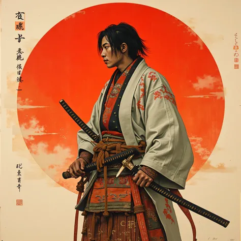  Japanese painting,Samurai holding swords 