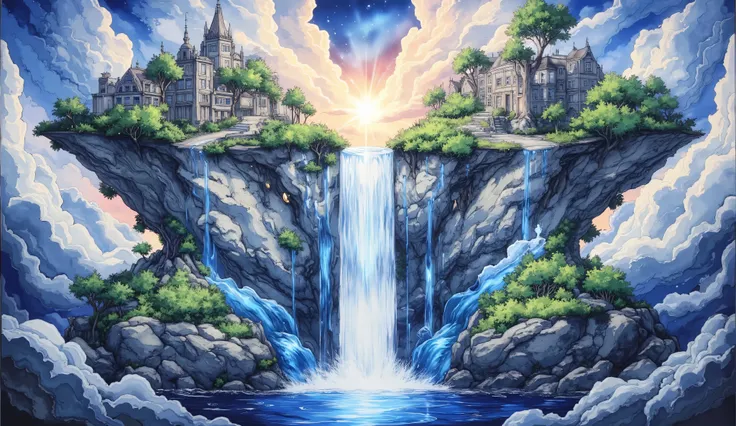 relief art, surreal fantasy, digital paint, A landscape of floating islands with lush greenery, connected by glowing energy bridges., waterfall, buildings, blue and coral vegetation, soft colors.: artstation, matte painting, 4k post-processing, gaston buss...