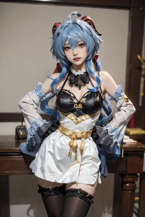 Perfect face, perfect body, perfect skin, ganyu, Ganyu from genshin impact, posing with one hand on her hip, facing the camera, cosplay, cosplayer, sexy, hot, beautiful, long legs, slender, thigh gap
