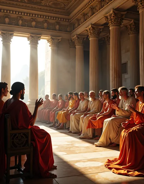 **Prompt:** Imagine stepping into the grandeur of an ancient Greek forum building during an orderly senate meeting. Capture the scene with a wide panoramic angle that showcases the beautifully designed interior, complete with intricate marble columns, ...
