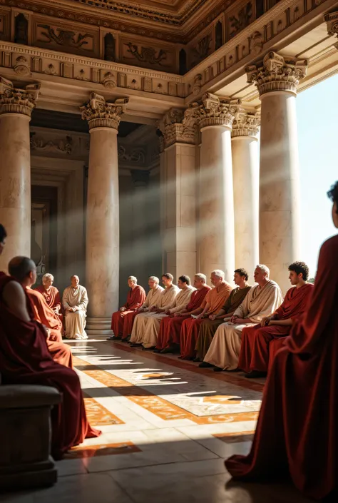 **Prompt:** Imagine stepping into the grandeur of an ancient Greek forum building during an orderly senate meeting. Capture the scene with a wide panoramic angle that showcases the beautifully designed interior, complete with intricate marble columns, ...