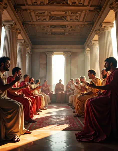 **Prompt:** Imagine stepping into the grandeur of an ancient Greek forum building during an orderly senate meeting. Capture the scene with a wide panoramic angle that showcases the beautifully designed interior, complete with intricate marble columns, ...