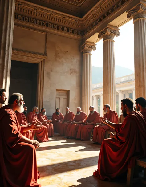 **Prompt:** Imagine stepping into the grandeur of an ancient Greek forum building during an orderly senate meeting. Capture the scene with a wide panoramic angle that showcases the beautifully designed interior, complete with intricate marble columns, ...