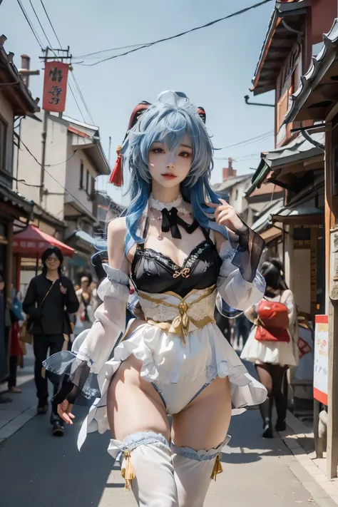 Korean woman, young, Perfect face, perfect body, perfect skin, ganyu, Ganyu from genshin impact, happily walking, facing the camera, cosplay, cosplayer, sexy, hot, beautiful, long legs, slender, thigh gap, tight cameltoe, japanese medieval town background