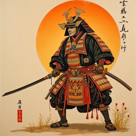  Japanese painting,Samurai holding swords 