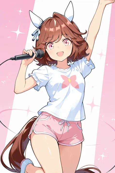 haiseiko \(umamusume\),masterpiece,best quality,((arm up)),(((Raise one leg up to the knee))),(((Hold the microphone in one hand))),((close-up image from the front)),((White and Pink Tricolor Micro Mini Dolphin Shorts)),((cute frilly short sleeve shirt wit...