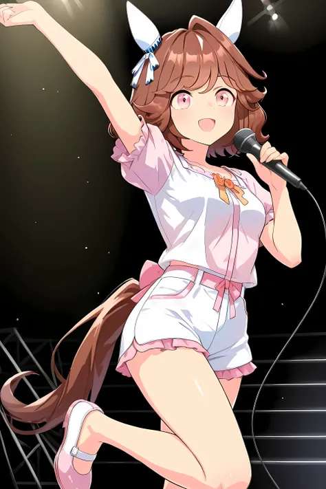 haiseiko \(umamusume\),masterpiece,best quality,((arm up)),(((Raise one leg up to the knee))),(((Hold the microphone in one hand))),((close-up image from the front)),((White and Pink Tricolor Micro Mini Dolphin Shorts)),((cute frilly short sleeve shirt wit...