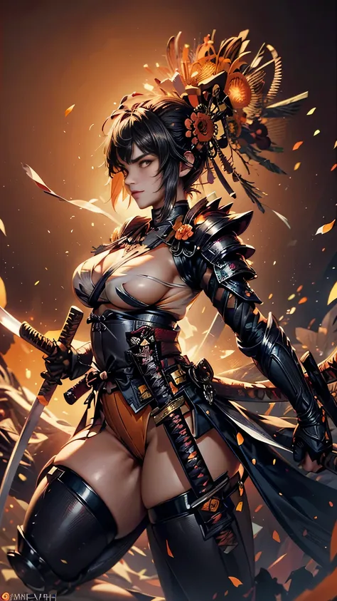 young woman,Oiran,(wielding a katana with great force on the battlefield:1.8), (very detailedな, realist,(seductive smile),(from front:1.8),(battle pose:1.6), Brilliant Appearance ,extremely detailed, Imaginative,sensual ,of the best quality,  skin texture,...