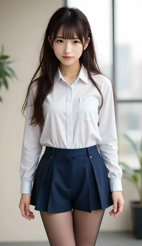 ((masterpiece,best image quality,photorealistic)), Cute Japanese Girls,1 person,(( white button shirt、Dark Blue Super Mini Tight Skirt、Skirt That's Too High Waist、 black panty house、High Heels))、 standing、(( full body view))、(((  plump body like a loafer )...