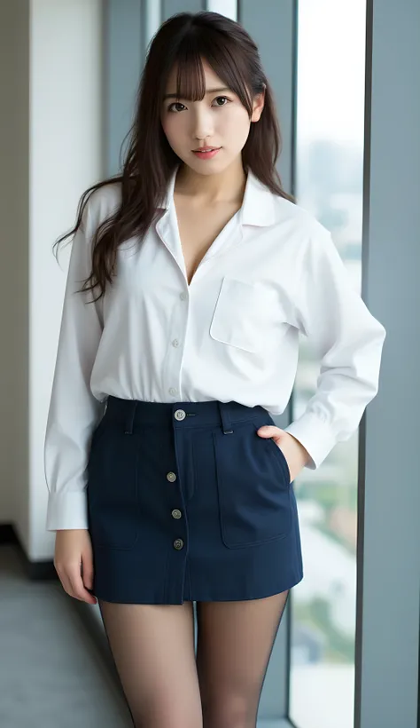 ((masterpiece,best image quality,photorealistic)), Cute Japanese Girls,1 person,(( white button shirt、Dark Blue Super Mini Tight Skirt、Skirt That's Too High Waist、 black panty house、High Heels))、 standing、(( full body view))、(((  plump body like a loafer )...