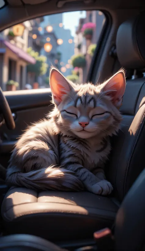 3D character, cute grey kitten, sleeps on the car's front seat, Inside the car, masterpiece, Background Blur, Shut your eyes.
