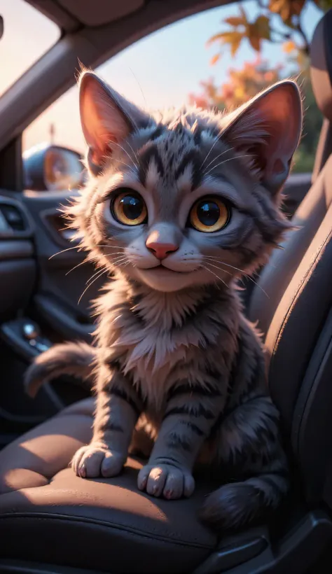 3D character, cute happy gray kitten, sitting on the car's front seat, Inside the car, masterpiece, Background Blur.