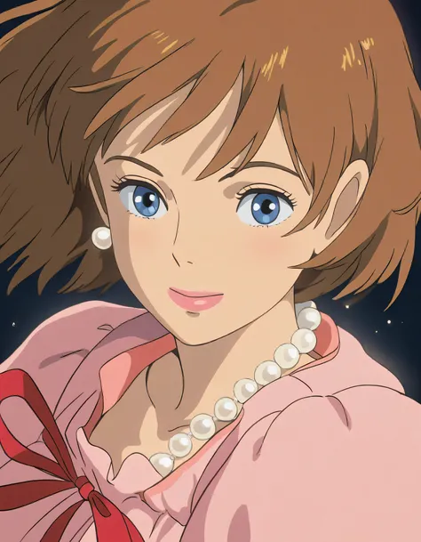 Studio Ghibli, hand drawn animation style,
masterpiece, high score,
chica, portrait, illustration, brown hair, blue eyes, pink dress, RED RIBBON, pearl necklace, flower earrings