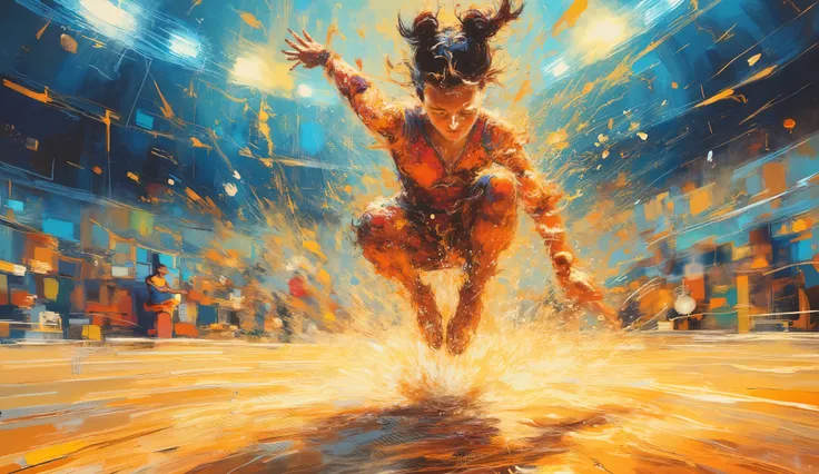 action painting, fantasy, Olimpic gynastic, floor, girl, impressionist, jump with swirl, beautifull, primary colors: sharp focus, akihiko yoshida, krenz cushart, brom, medium format, Unreal Engine 4, vector art