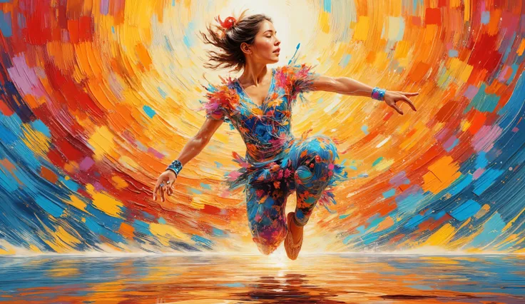 action painting, fantasy, Olimpic gynastic, floor, girl, impressionist, jump with swirl, beautifull, primary colors: sharp focus, akihiko yoshida, krenz cushart, brom, medium format, Unreal Engine 4, vector art