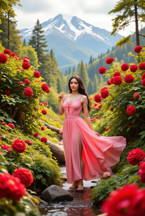 high image quality画像では(Extremely Attractive Unity 8k wallpaper),Beautiful images of forests and rivers,Light sunshine,Award-winning photo,One woman in a pink dress,high image quality, Red camellias in full bloom, A high-resolution flower field popular on A...