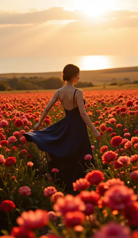 high image quality画像では(Extremely Attractive Unity 8k wallpaper),A beautiful image of a prairie,Morning Light,Award-Winning Photos,A woman in a dark blue dress,high image quality,Red camellias in full bloom,high-resolution flower fields popular on ArtStatio...