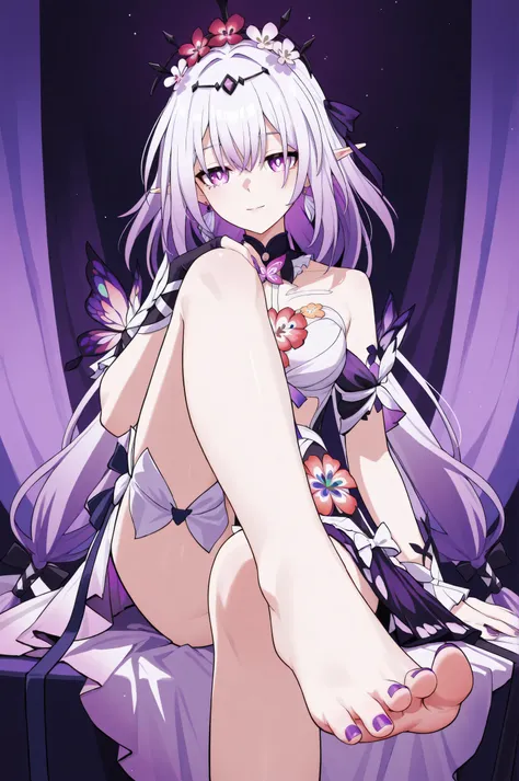 Castorice di honkai Star rail, molto sexy, sitting with her legs crossed to show her very beautiful and sensual foot, toes posing with purple nail polish, melancholic look, outfit di castorice, occhi viola, Lilac hair, stile anime