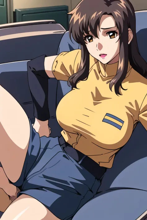 navy blue shorts , (please draw a more delicate expression),(yellow shirt),(navy blue jeans)The work is 、The horror-themed style 、This alone is amazing but I'm surprised,Don't prepare her face for work {X},yellow shirt,navy blue jeansを履いている, lying on th...