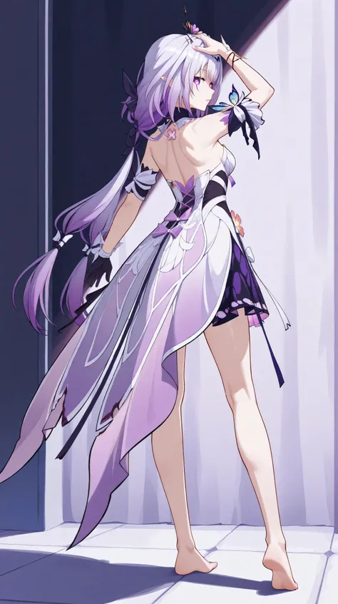 Castorice di honkai Star rail, Standing back turned,  distracted look , While looking back, occhi viola, Lilac hair,  posing sensual , melancholic look, outfit originale, Barefoot , Sensual legs,  sexy long legs , a hand on the head, stile anime,
