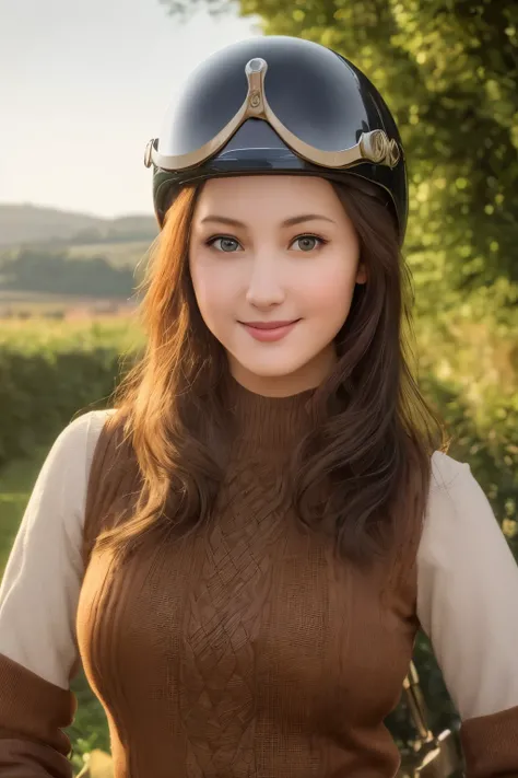 ((best quality)), ((masterpiece)), (detailed), 1girl, sexy,Vintage Bikes、Triumph、Isle of Man Races、(Young female rider stands on the back of her bike for a photo)、Leather jumper、Cromwell helmet with goggles、after the rain、English countryside landscape、BSA ...