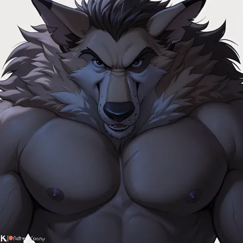 Kaltag pny, alaskan malamute, solo, detailed, detailed face, detailed eyes, anthro body, male, adult, very muscular:1.1, cartoon shading, cel shaded:1.0, flat colors, shirtless, wfa style, negger style, cartoony anatomy, above waist, looking at viewer, arm...