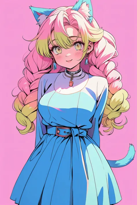 random hot and busty korean catgirl, cat ears, pastel color palette, no background, pastel background, colorful background, arms behind back, 