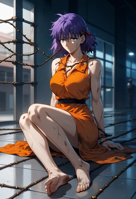 Sakura Matou, fate stay night: heaven's feel, a girl with. white skin, voluptuous body, beautiful body, purple hair (long, loose, and messy hair), purple eyes, (((wearing a short, sleeveless, maximum security inmate orange dress with the ID number: in...