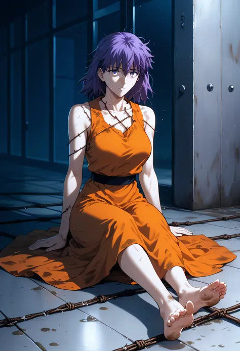 Sakura Matou, fate stay night: heaven's feel, a girl with. white skin, voluptuous body, beautiful body, purple hair (long, loose, and messy hair), purple eyes, (((wearing a short, sleeveless, maximum security inmate orange dress with the ID number: in...