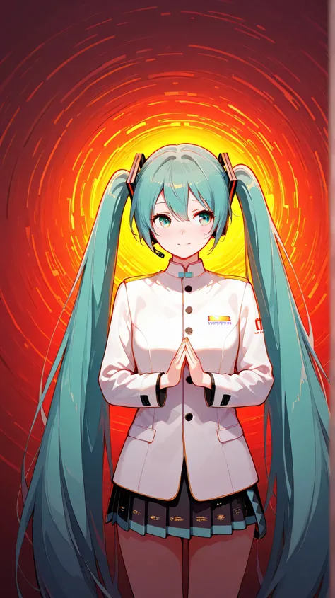 illustration, glitch art, Digital noise, hatsune miku, Deep and charming eyes, super detailed, Hatsune Miku wearing a white suit, American comic style, amazing moment,The girl in red, flowing long black hair, Chinese painting, ink style. Four seasons, visu...