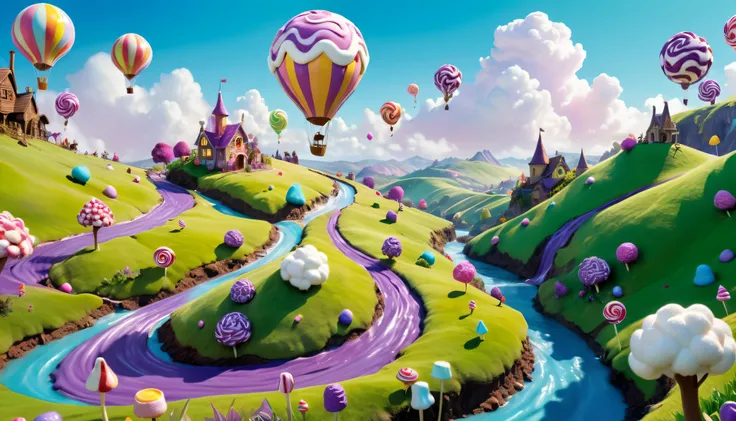 ( masterpiece, 8,000, 16K, ultra-high definition, best quality, Fantasy Illustration, Epic Imagination, ren's dream candyland), A man made of licorice is sailing along a chocolate river flowing through purple marshmallow hills, Sheep made of fluffy marsh...