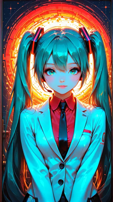 illustration, glitch art, Digital noise, hatsune miku, Deep and charming eyes, super detailed, Hatsune Miku wearing a white suit, American comic style, amazing moment,The girl in red, flowing long black hair, Chinese painting, ink style. Four seasons, visu...
