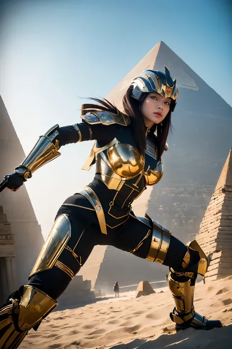 ((of the best quality、8k、masterpiece:1.3))、realistic, sharp concentration, high definition, high definition, portraits, 1 person, female, beautiful female, (((action pose)))、ancient Egypt、 Cyber Battle Suits、Complex technology, pyramid、ancient Egypt都市、 l...