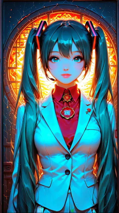 illustration, glitch art, Digital noise, hatsune miku, Deep and charming eyes, super detailed, Hatsune Miku wearing a white suit, American comic style, amazing moment,The girl in red, flowing long black hair, Chinese painting, ink style. Four seasons, visu...