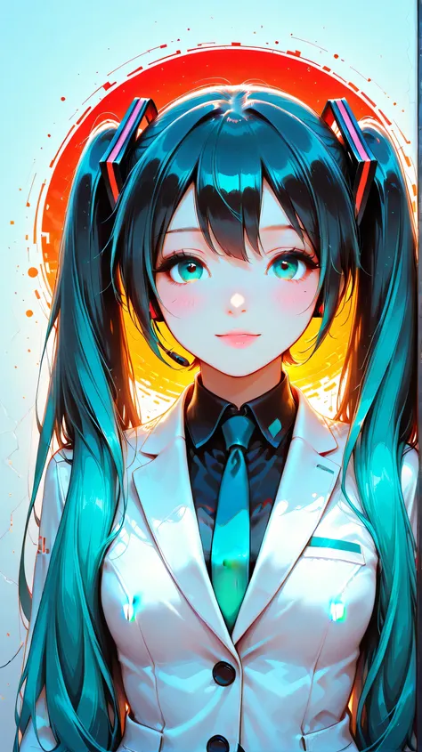 illustration, glitch art, Digital noise, hatsune miku, Deep and charming eyes, super detailed, Hatsune Miku wearing a white suit, American comic style, amazing moment,The girl in red, flowing long black hair, Chinese painting, ink style. Four seasons, visu...