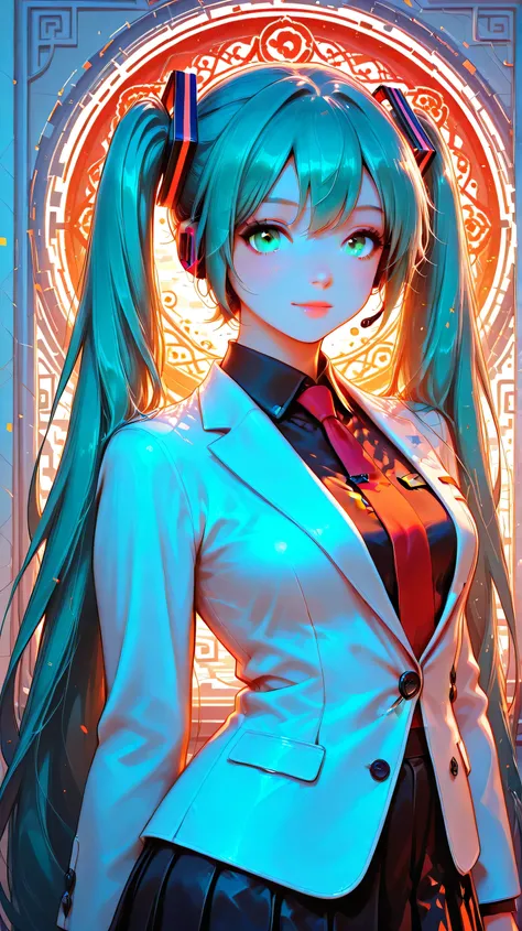 illustration, glitch art, Digital noise, hatsune miku, Deep and charming eyes, super detailed, Hatsune Miku wearing a white suit, American comic style, amazing moment,The girl in red, flowing long black hair, Chinese painting, ink style. Four seasons, visu...