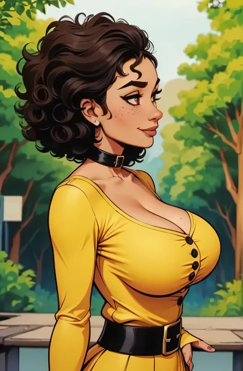 (absurd lines, HD, Ultra Delicate ,  be careful with your hand) Close-up of an athletic woman, Skinny and busty, 25 anos, 8k (high definition), Beautiful Smile, look seductive, brown eyes, round nose, Secretary wearing a yellow dress shirt ((Gola V, button...