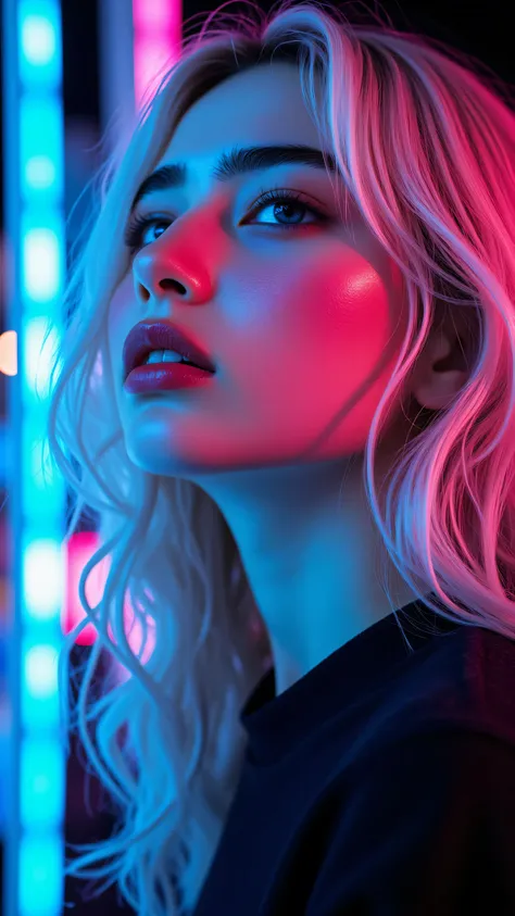 8k, Masterpiece, Top Quality, Close-up, profile, woman, pale skin, blonde hair, long hair, wavy hair, eyes, blue eyes, full lips, pensive expression, glowing patterns, circuit patterns, neon pink, neon blue, futuristic, cyberpunk, blurred b...