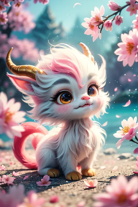 whimsical airbrush and oil painting, best angle of a Very cute pink ethereal shimmering mythical graceful transparent anthropomorphic furry satyr holds a sakura flower, pink fur, thin paws, fragile legs, pink satyr spirit, Mystical Sakura Sea where sakura ...