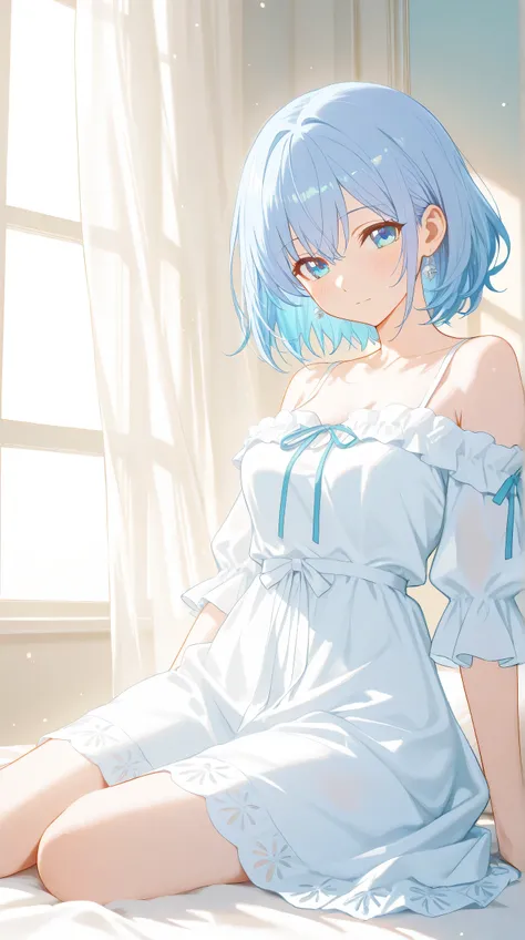 Masterpiece, Best Quality, Top Quality, Very Detailed, 1 girl, A stunning anime-style woman with long, flowing silver-blue hair, sitting gracefully on a white bed in a softly lit room. She wears a delicate, off-shoulder white dress that drapes elegantly, b...
