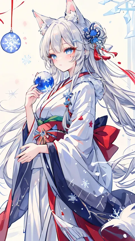 Masterpiece, Best Quality, Top Quality, Very Detailed, 1 girl, An enchanting anime-style fox girl with long, flowing silver hair and piercing blue eyes, set in a mystical snowy landscape. She has nine fluffy white tails and fox ears adorned with delicate i...