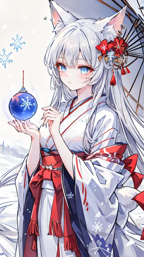Masterpiece, Best Quality, Top Quality, Very Detailed, 1 girl, An enchanting anime-style fox girl with long, flowing silver hair and piercing blue eyes, set in a mystical snowy landscape. She has nine fluffy white tails and fox ears adorned with delicate i...