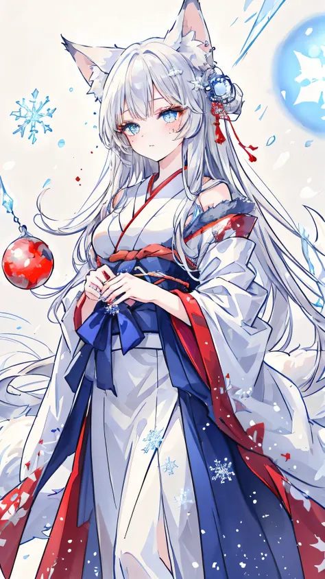Masterpiece, Best Quality, Top Quality, Very Detailed, 1 girl, An enchanting anime-style fox girl with long, flowing silver hair and piercing blue eyes, set in a mystical snowy landscape. She has nine fluffy white tails and fox ears adorned with delicate i...