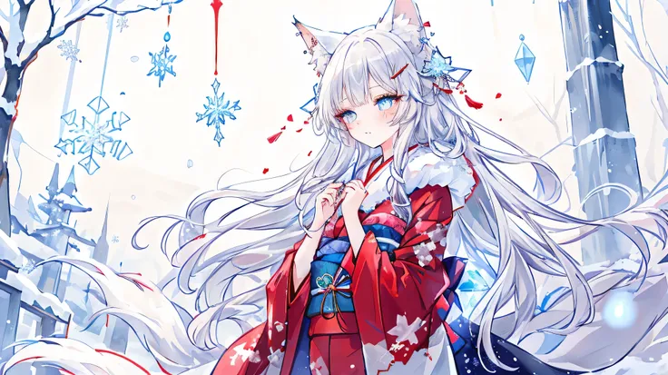 Masterpiece, Best Quality, Top Quality, Very Detailed, 1 girl, An enchanting anime-style fox girl with long, flowing silver hair and piercing blue eyes, set in a mystical snowy landscape. She has nine fluffy white tails and fox ears adorned with delicate i...