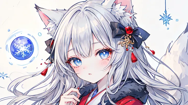Masterpiece, Best Quality, Top Quality, Very Detailed, 1 girl, An enchanting anime-style fox girl with long, flowing silver hair and piercing blue eyes, set in a mystical snowy landscape. She has nine fluffy white tails and fox ears adorned with delicate i...