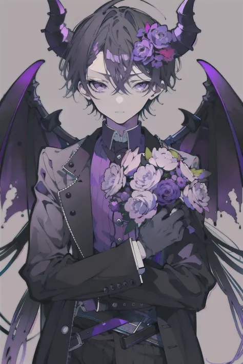 1 Boy, Black Eyes, Seriousness, Black Devil Wings, Devil, Light Purple Skin, Purple suit, Black hoes, Two Horns on Head, Gun in Hand,only one person, Best quality, black gloves, purple flowers in the background,