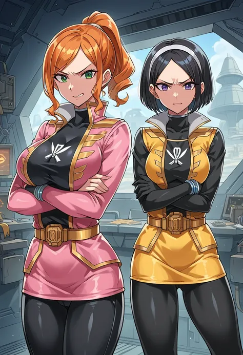 2girls, Inside the spaceship, 1 girl, black bodysuit, Bodysuit Under Clothes, WHITE COLOR, See-Through Ear Covers,  yellow wasps, yellow skirt, belt, bracelet, Big Breasts, orange hair, green eyes, curly hair, ponytail, smile, , v, 
BREAK
2girls, Inside th...