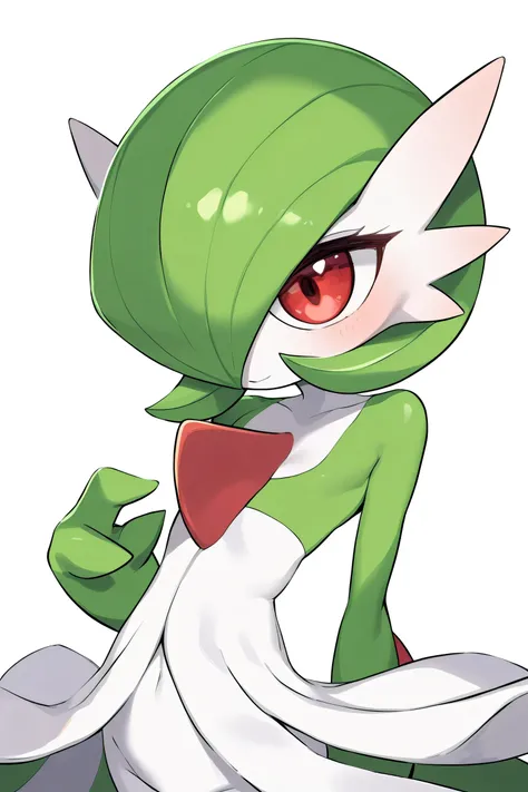 masterpiece, best_quality, 1girl, solo, gardevoir, creatures \(company\), game freak, nintendo, pokemon, pokemon \(game\), pokemon unite, bangs, colored skin, female focus, flat chest, gen 3 pokemon, green hair, green skin, hair over one eye, multicolored ...