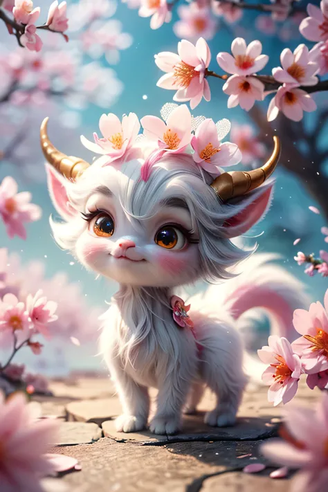 whimsical airbrush and oil painting, best angle of a Very cute pink ethereal shimmering mythical graceful transparent anthropomorphic furry satyr holds a sakura flower, pink fur, thin paws, fragile legs, pink satyr spirit, Mystical Sakura Sea where sakura ...