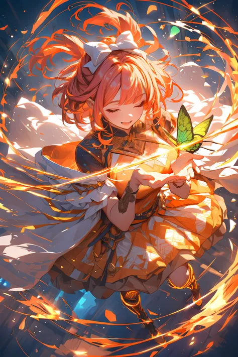 (masterpiece, best quality),solo,sherryg,a girl\(pink orange bob hair,closed eyes,open her mouth,big smile),clothes\(white fluffy long one piece dress, orange cute patterns on the dress,orange laser boots with white bow\),she looks solo green butterfly on...